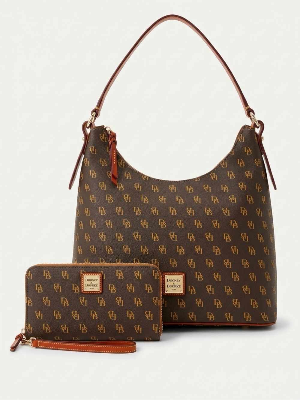 Dooney & Bourke Brown Signature Monogram Hobo Shoulder Bag & Matching Wristlet